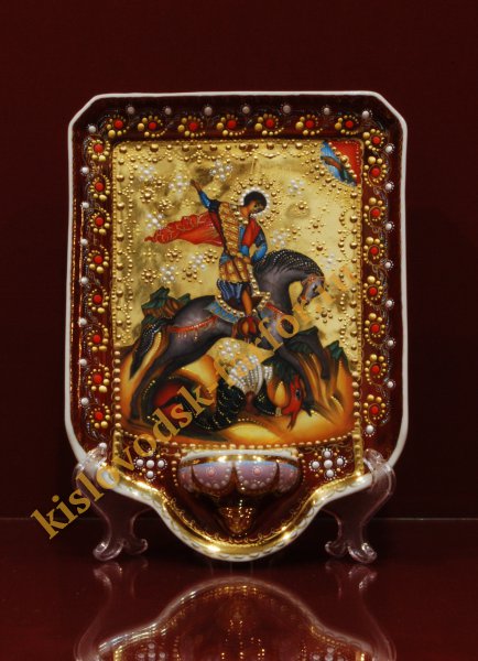 Икона с лампадкой в капельном золоте h230 (Георгий Победоносец)