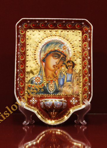 Икона с лампадкой в капельном золоте h230 (Казанская Богоматерь)