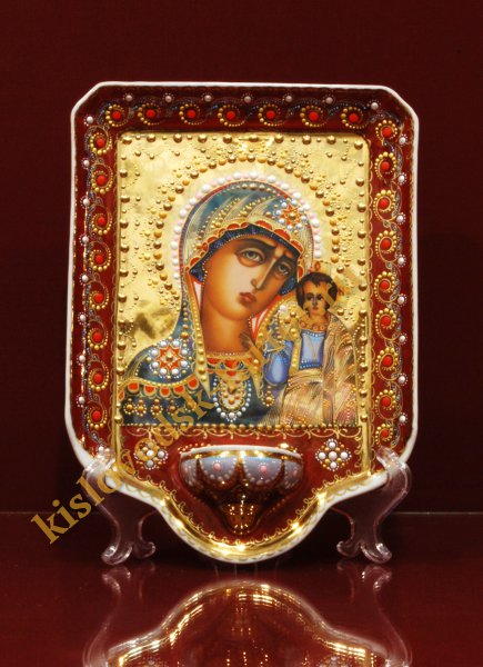 Икона с лампадкой в капельном золоте h230 (Казанская Богоматерь)